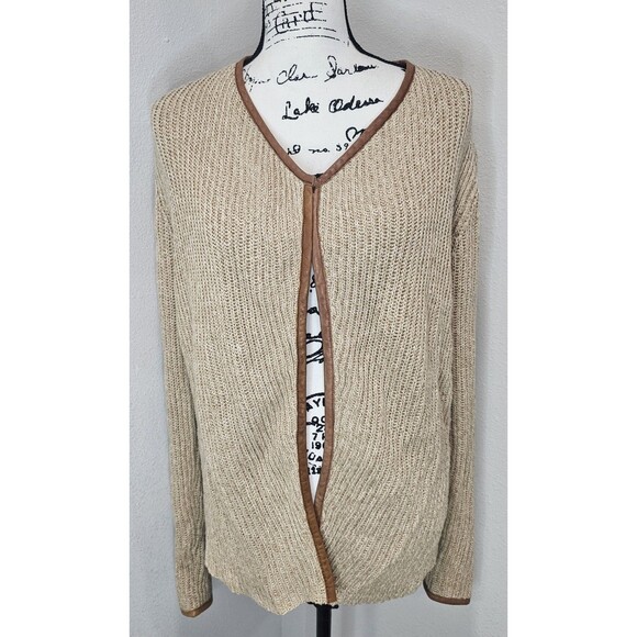 Lucky Brand Cardigan Sz L Tan Brown Chunky Knit Open Sweater Faux Leather Trim - Picture 2 of 13